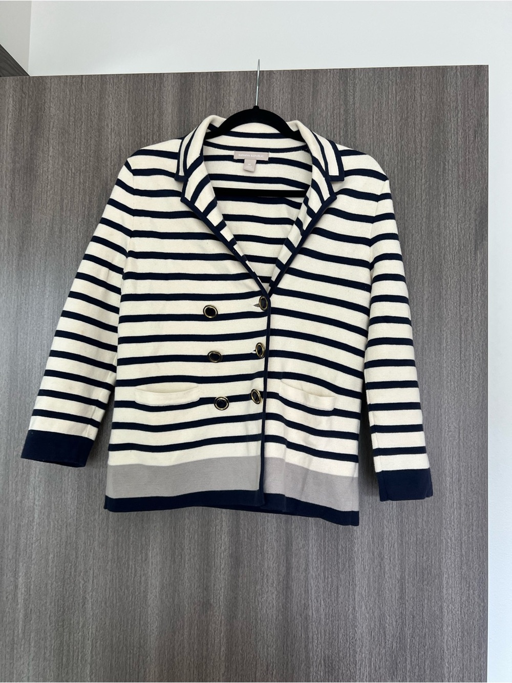 Banana Republic Navy and Cream Striped Double-Breasted Knit Blazer
